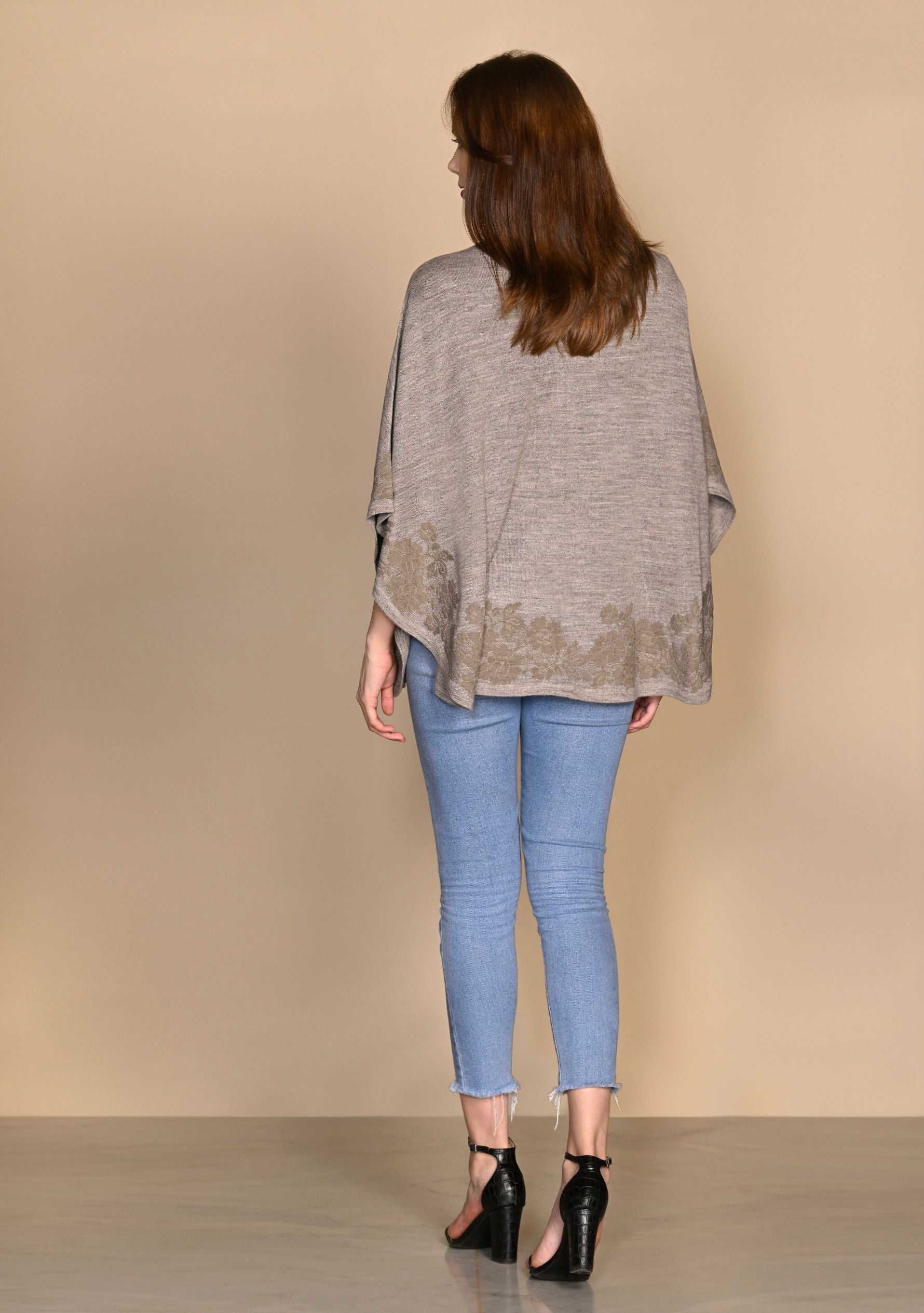 Taupe Melange Knitted Fine Wool Collared Cape with Dk. Taupe Floral Lace Applique