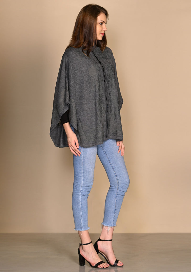 Dk. Grey Melange Knitted Fine Wool Collared Cape with Dk. Grey Floral Lace Applique