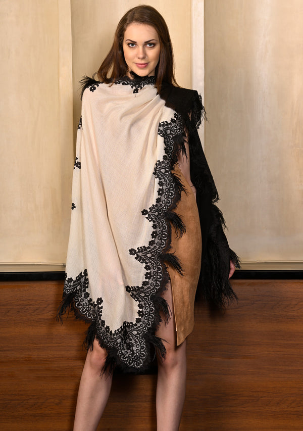 Black & Ivory Ombre Cashmere Scarf with a Black Chantilly Lace Border & Black Ostrich Feathers