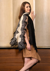 Black & Ivory Ombre Cashmere Scarf with a Black Chantilly Lace Border & Black Ostrich Feathers