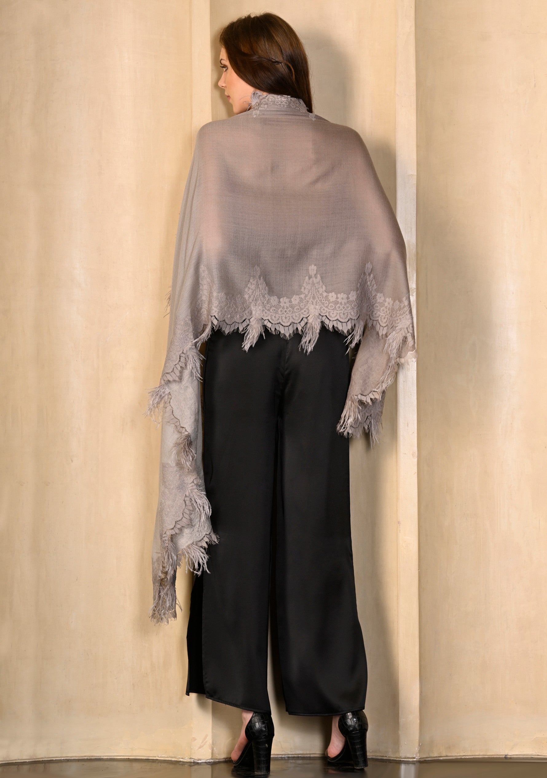 Mousse Ombre Cashmere Scarf with a Dk. Mousse Chantilly Lace Border & Mousse Ostrich Feathers