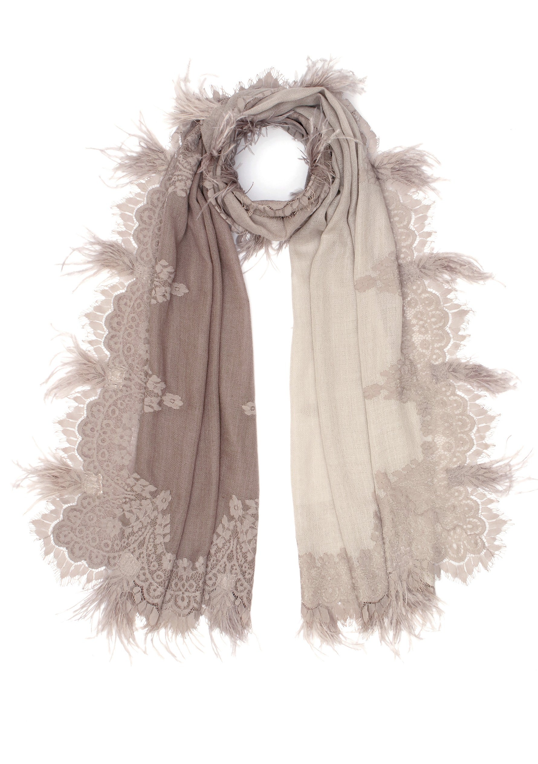 Mousse Ombre Cashmere Scarf with a Dk. Mousse Chantilly Lace Border & Mousse Ostrich Feathers