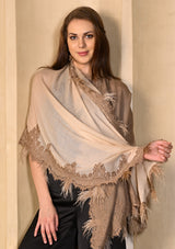 Beige Ombre Cashmere Scarf with a Dk. Beige Chantilly Lace Border & Beige Ostrich Feathers