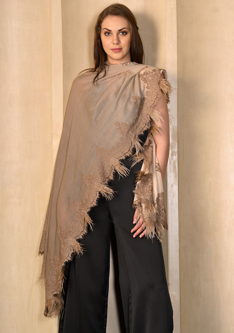Beige Ombre Cashmere Scarf with a Dk. Beige Chantilly Lace Border & Beige Ostrich Feathers