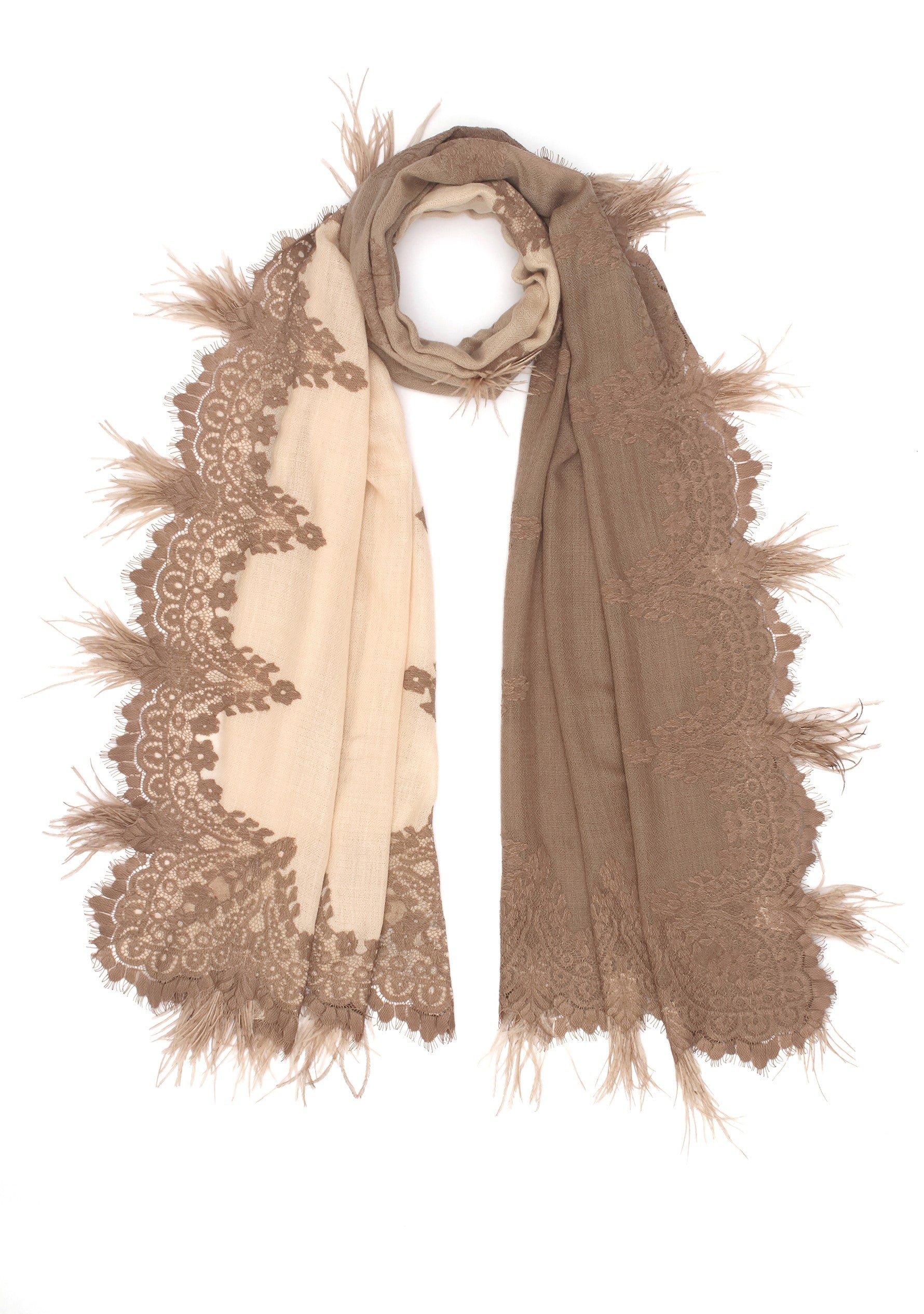 Beige Ombre Cashmere Scarf with a Dk. Beige Chantilly Lace Border & Beige Ostrich Feathers