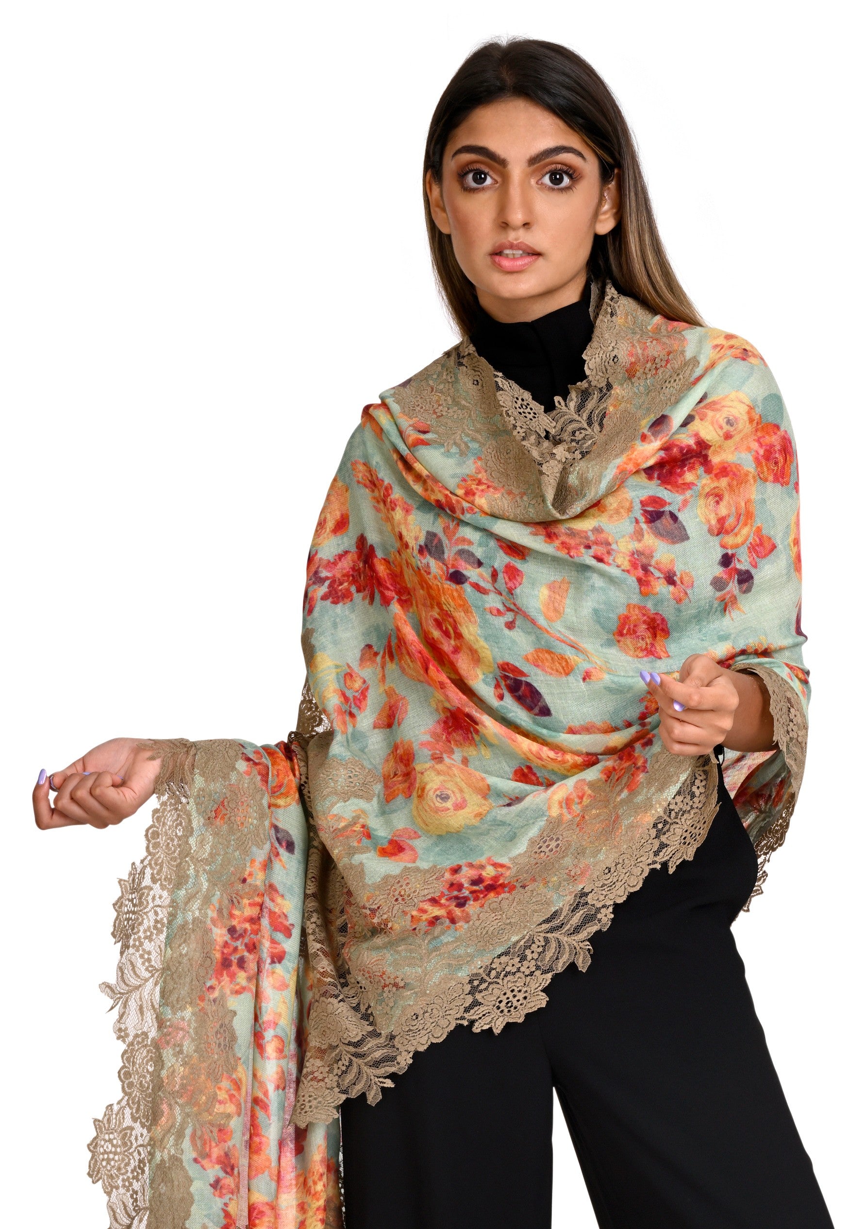 Orange Blossom Print Wool And Silk Scarf with a Natural Floral Lace Border