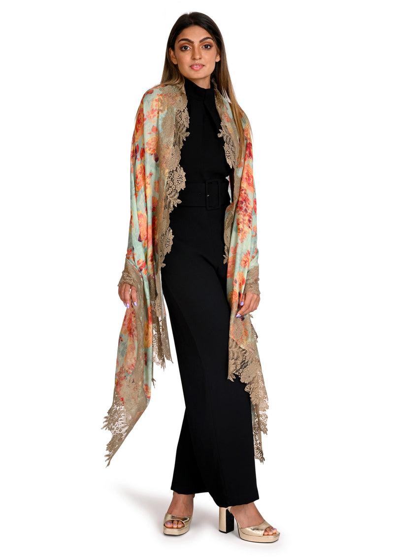 Orange Blossom Print Wool And Silk Scarf with a Natural Floral Lace Border
