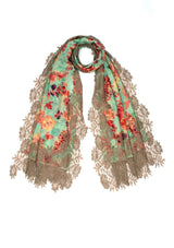 Orange Blossom Print Wool And Silk Scarf with a Natural Floral Lace Border