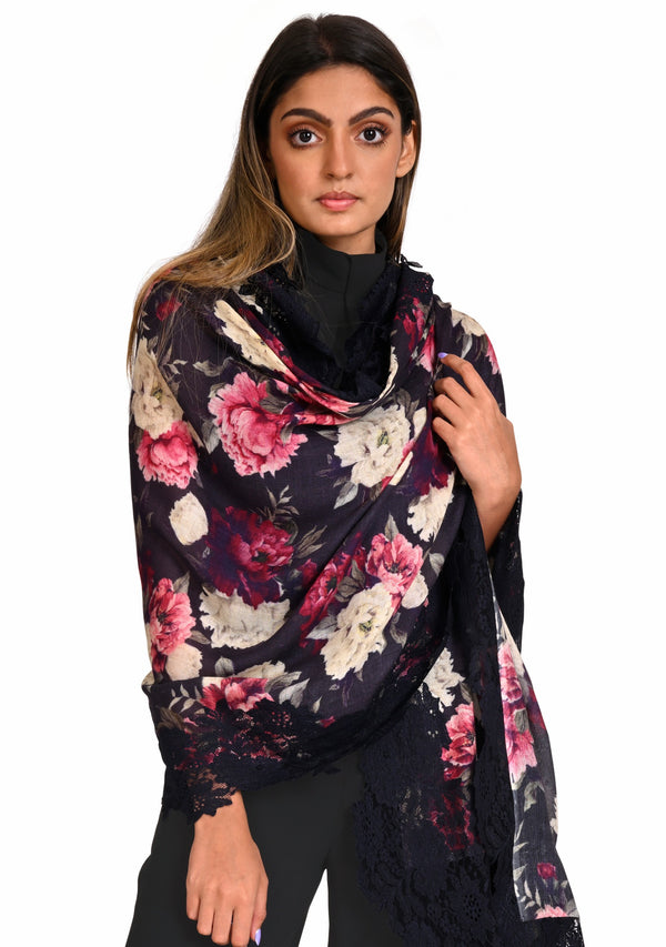 Pink Dusk Floral Print Wool And Silk Scarf with a Navy Blue Floral Lace Border
