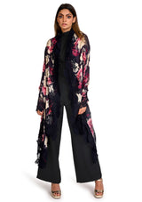 Pink Dusk Floral Print Wool And Silk Scarf with a Navy Blue Floral Lace Border