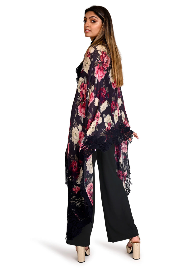 Pink Dusk Floral Print Wool And Silk Scarf with a Navy Blue Floral Lace Border