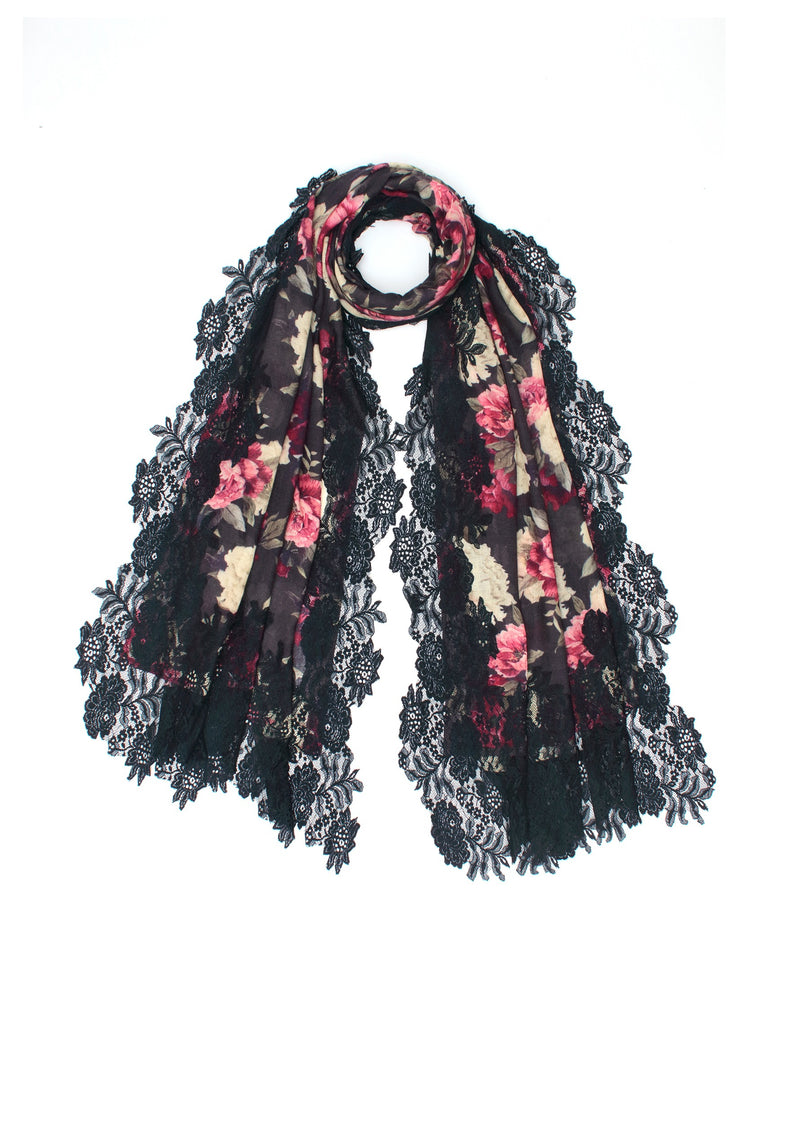 Pink Dusk Floral Print Wool And Silk Scarf with a Navy Blue Floral Lace Border
