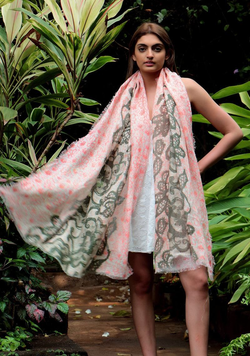 Dual Color Peach and Sage Green Floral Print Linen Scarf