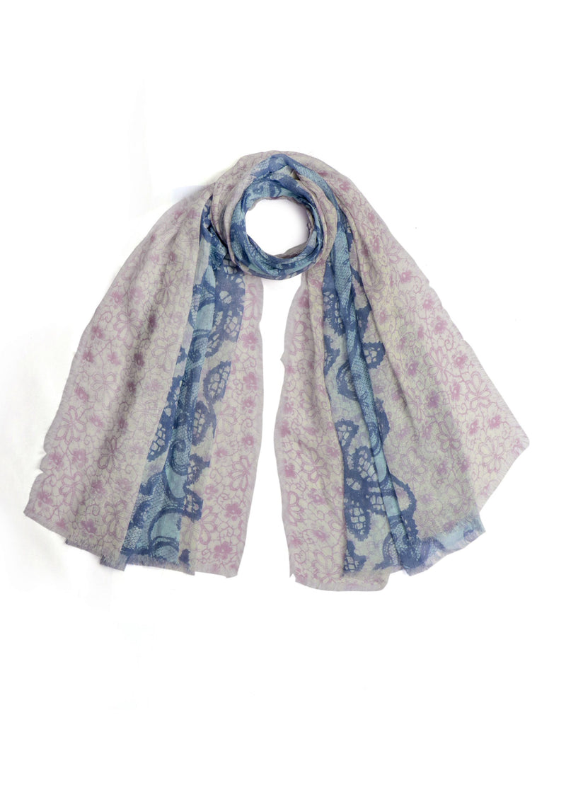 Dual Color Violet and Denim Blue Floral Print Linen Scarf