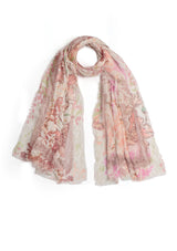 Dual Color Pink and Lt. Copper Floral Print Linen Scarf with a Lt. Copper Lace Cut-out Inner Border