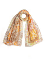 Dual Color Gold and Sand Floral Print Linen Scarf with a Sand Lace Cut-out Inner Border