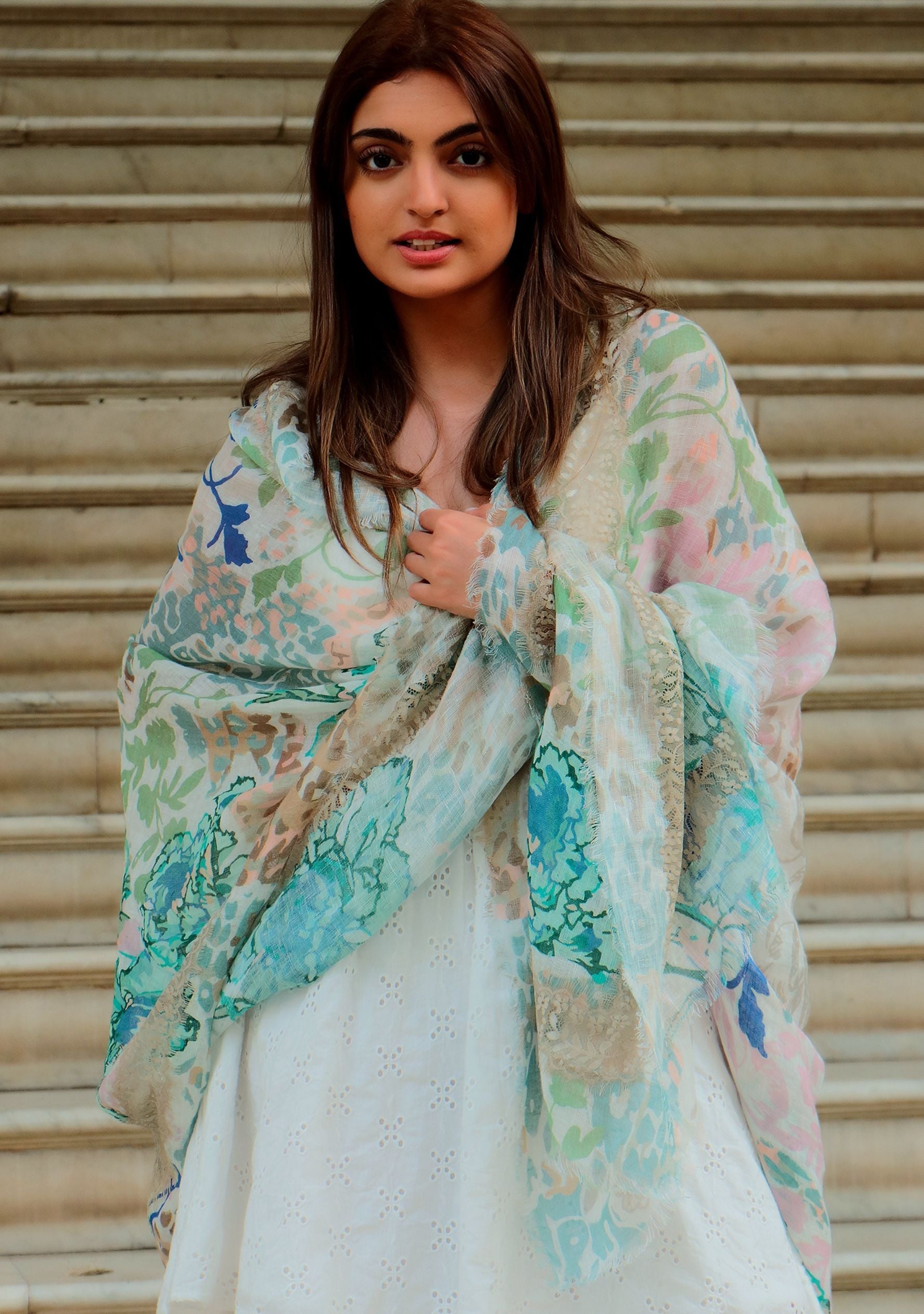 Dual Color Blue and Mousse Floral Print Linen Scarf with a Mousse Lace Cut-out Inner Border