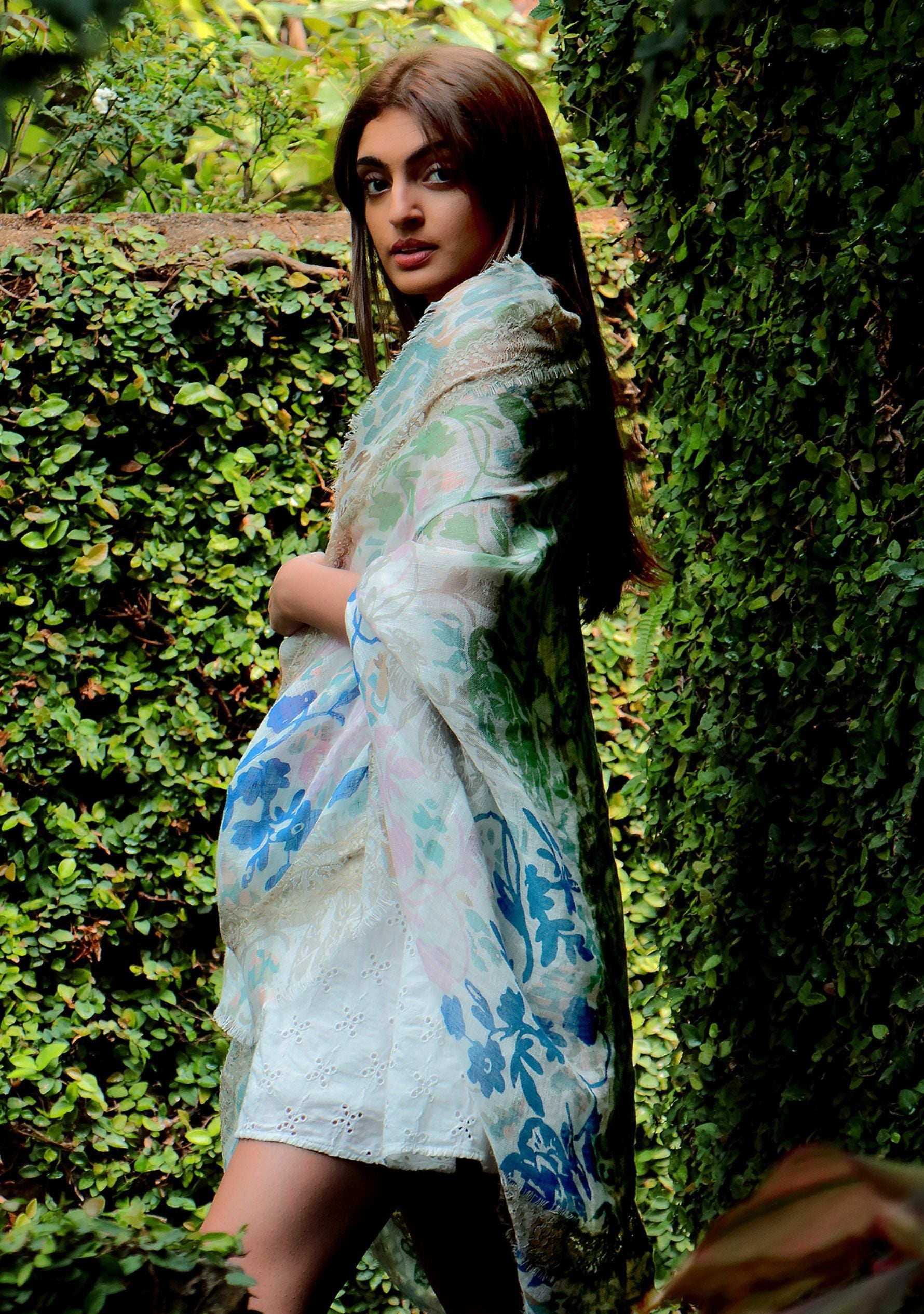 Dual Color Blue and Mousse Floral Print Linen Scarf with a Mousse Lace Cut-out Inner Border