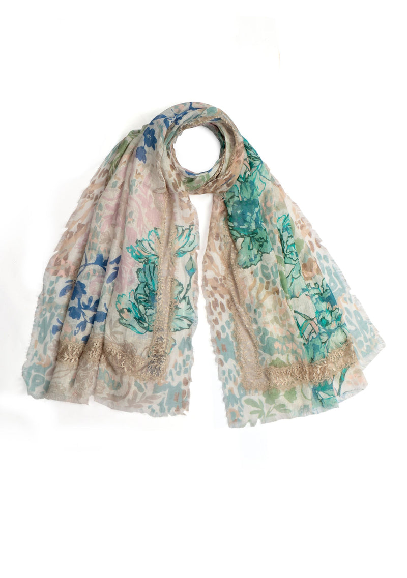Dual Color Blue and Mousse Floral Print Linen Scarf with a Mousse Lace Cut-out Inner Border