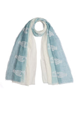 Steel Blue and White Ombre Linen Scarf with White Lace Appliques