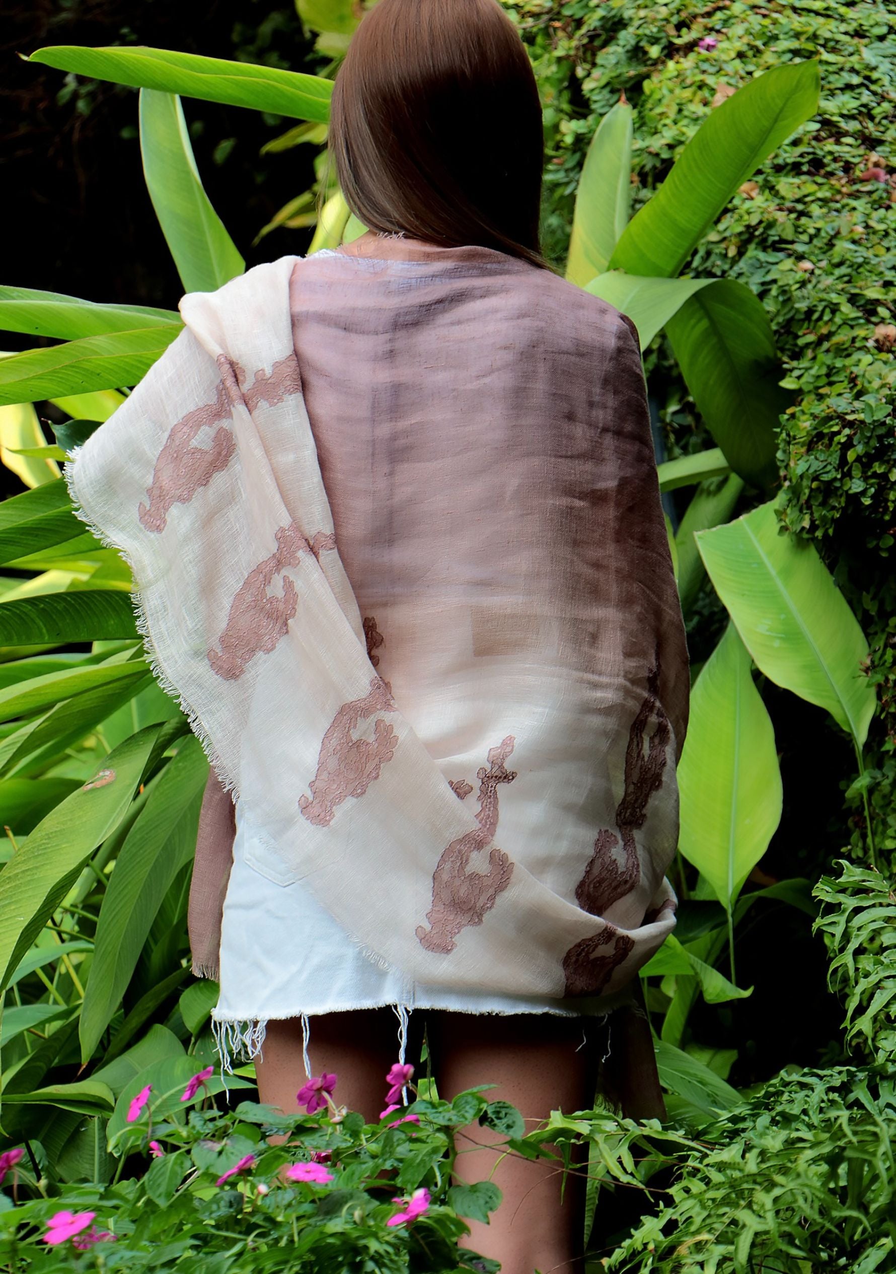 Lt. Copper and Copper Ombre Linen Scarf with Copper Lace Appliques