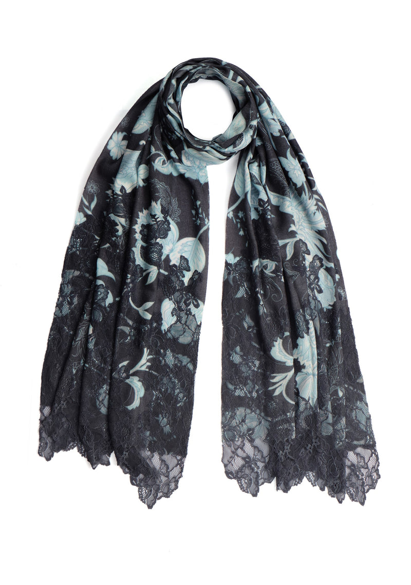 Dual Color Dk. Grey and Lt. Grey French Toile Print Wool and Silk Scarf with Dk. Grey Floral Lace