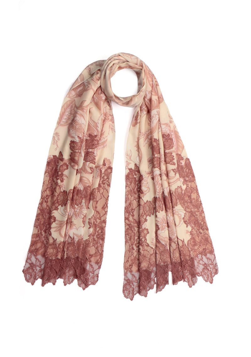 Dual Color Beige and Copper French Toile Print Wool and Silk Scarf with Dk. Copper Floral Lace