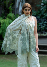 Dual Color Beige and Olive French Toile Print Wool and Silk Scarf with Olive Floral Lace