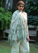 Dual Color Beige and Olive French Toile Print Wool and Silk Scarf with Olive Floral Lace