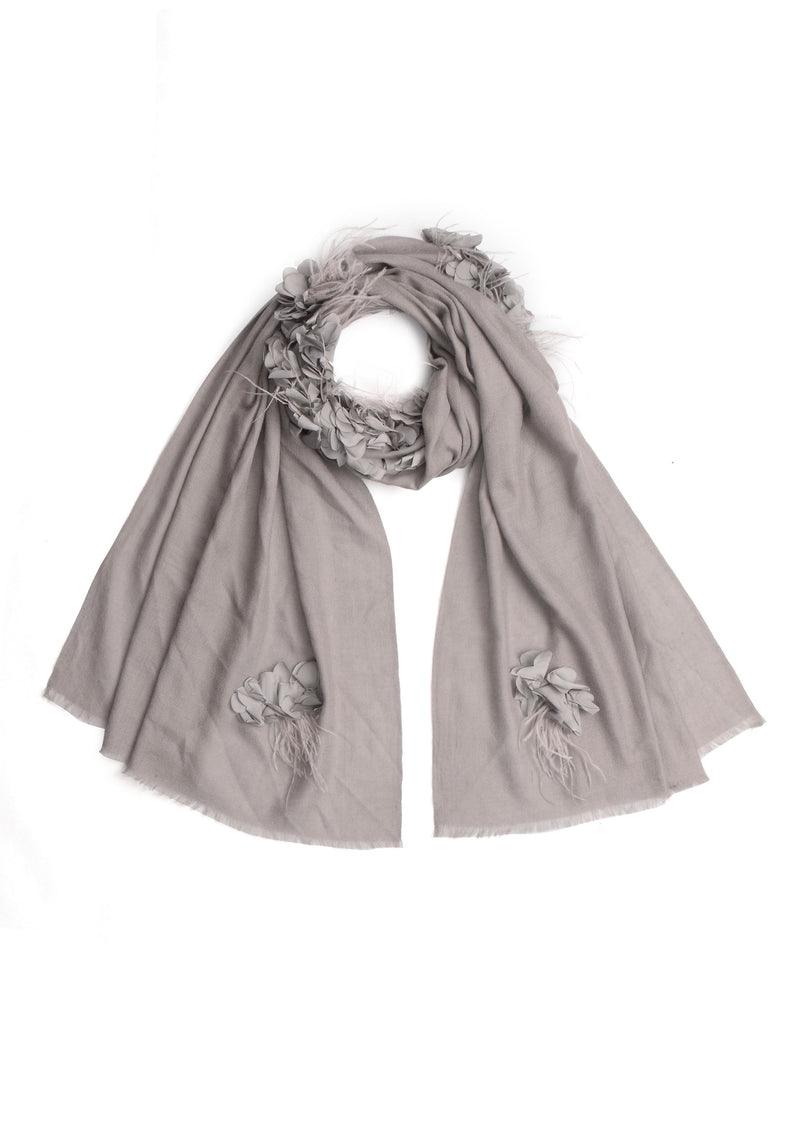 Mousse Cashmere Scarf with a Mousse Feather and Mousse Satin Leaf Collar and Appliques