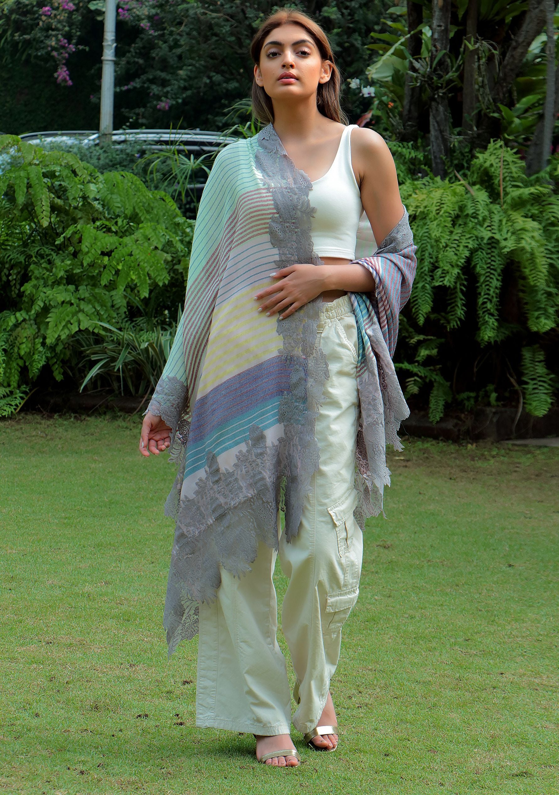 Multi-Colored Stripe Wool And Silk Scarf with a Mousse Floral Lace Border