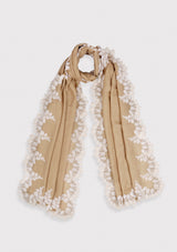Natural Silk and Wool Scarf with a Beige Scalloped Lace Border