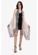 Ivory Silk and Wool Scarf with Lt. Grey and Ivory Pearls and a Lt. Grey Filigree Lace Border