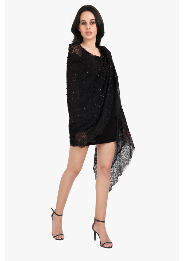 Black Silk and Wool Scarf with Black and Gold Pearls and a Black Filigree Lace Border