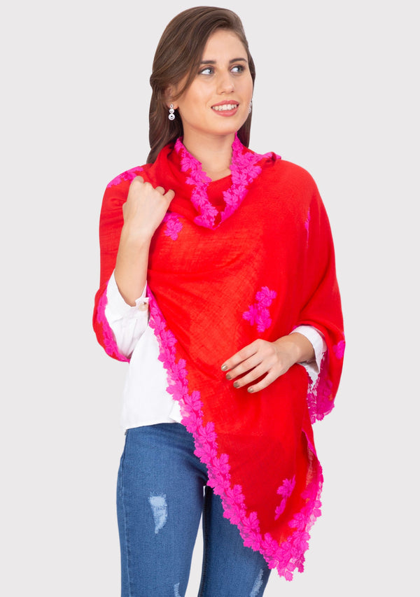 Tomato Red Silk and Wool Scarf with a Fuchsia Leaf Lace Applique & Border
