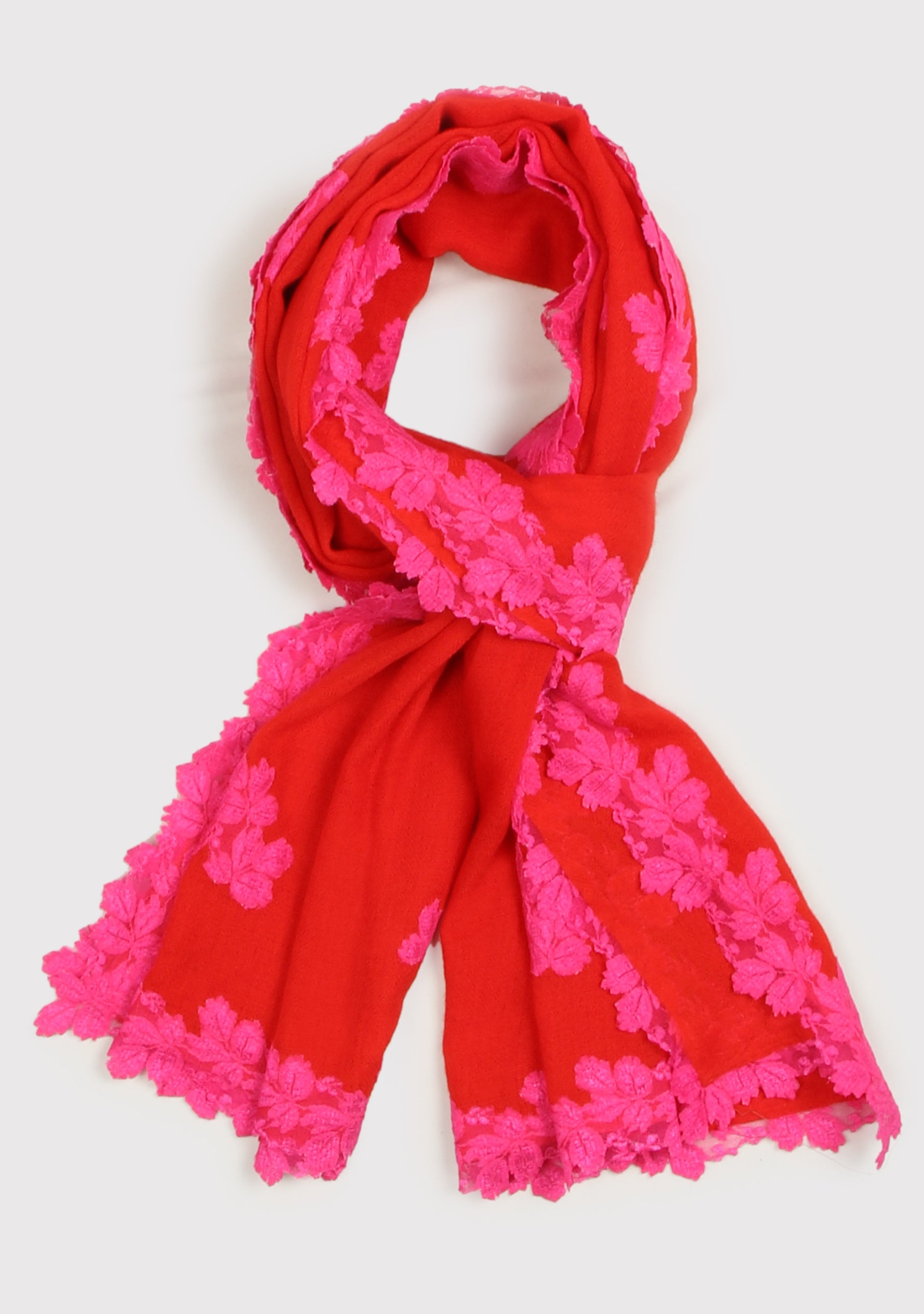 Tomato Red Silk and Wool Scarf with a Fuchsia Leaf Lace Applique & Border