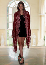 Maroon Cashmere Scarf with a Magenta-Green Chantilly Lace Border