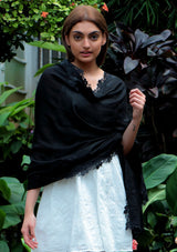 Black Modal Scarf with Black Leaf Lace Appliques & Border