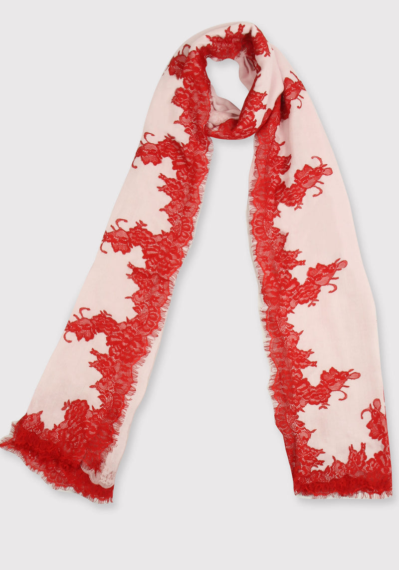 Baby Pink Modal Scarf with a Tomato Red Filigree Lace Border