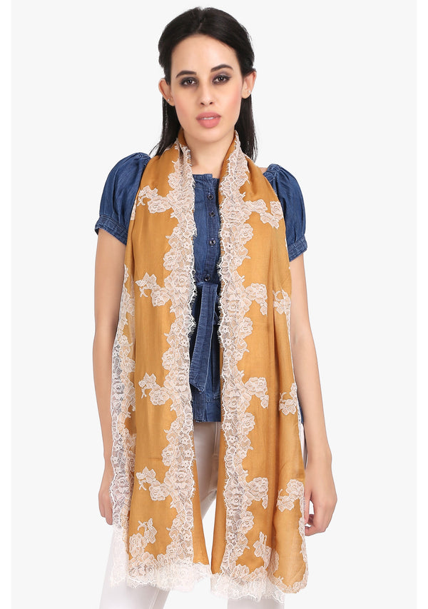 Camel Modal Scarf with an Ivory Filigree Lace Border