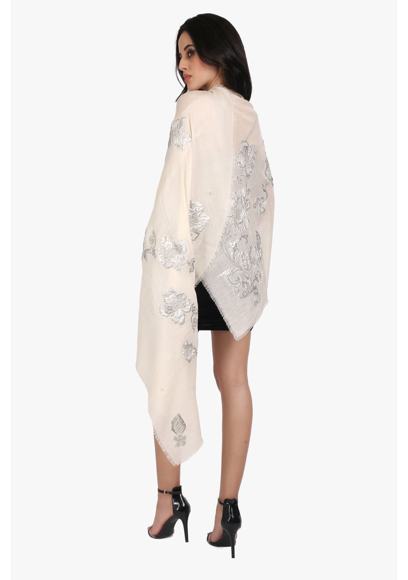 Ivory Cashmere Scarf with Grey and Silver Flower Appliques