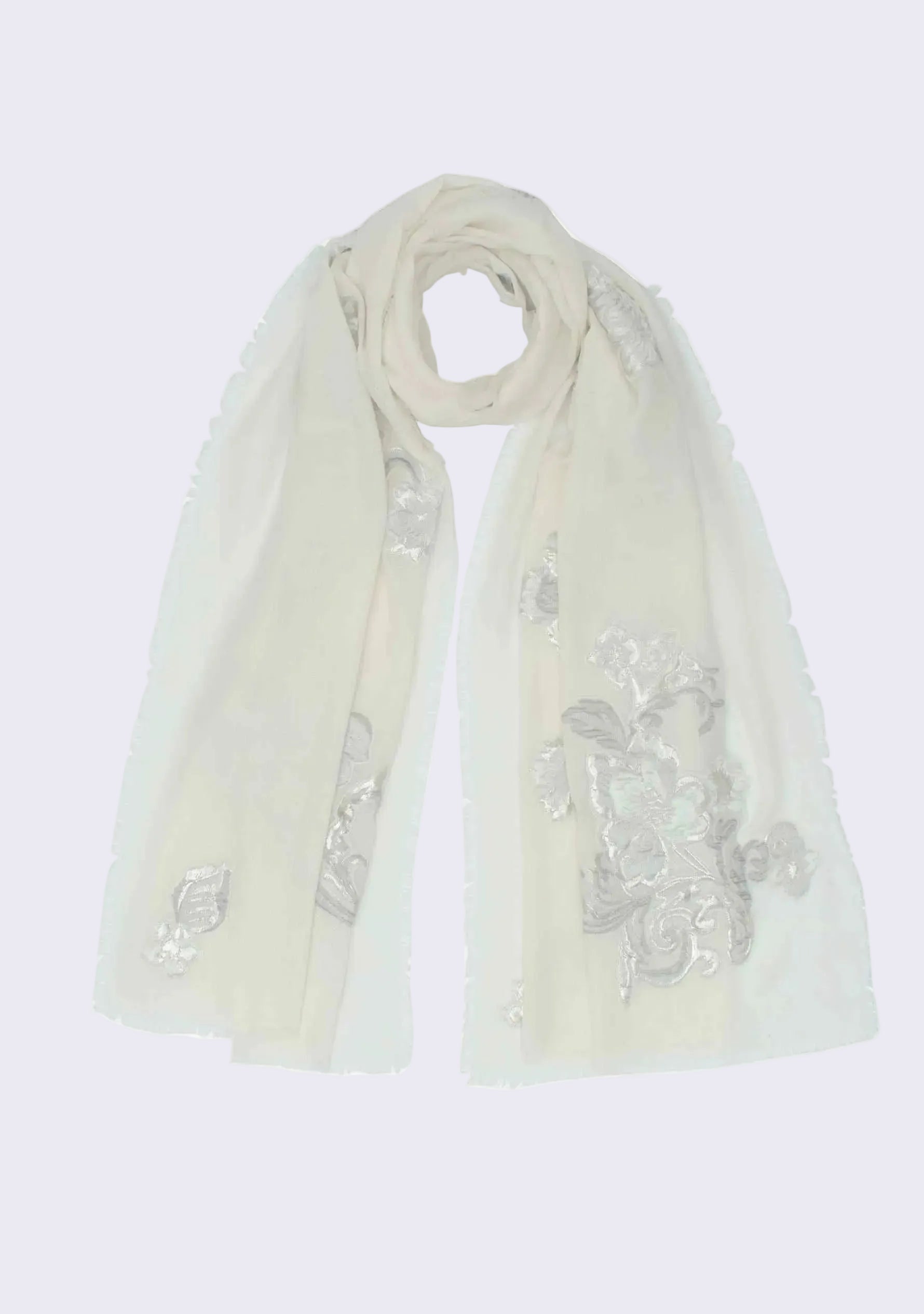 White scarf with floral embroidery on a white background