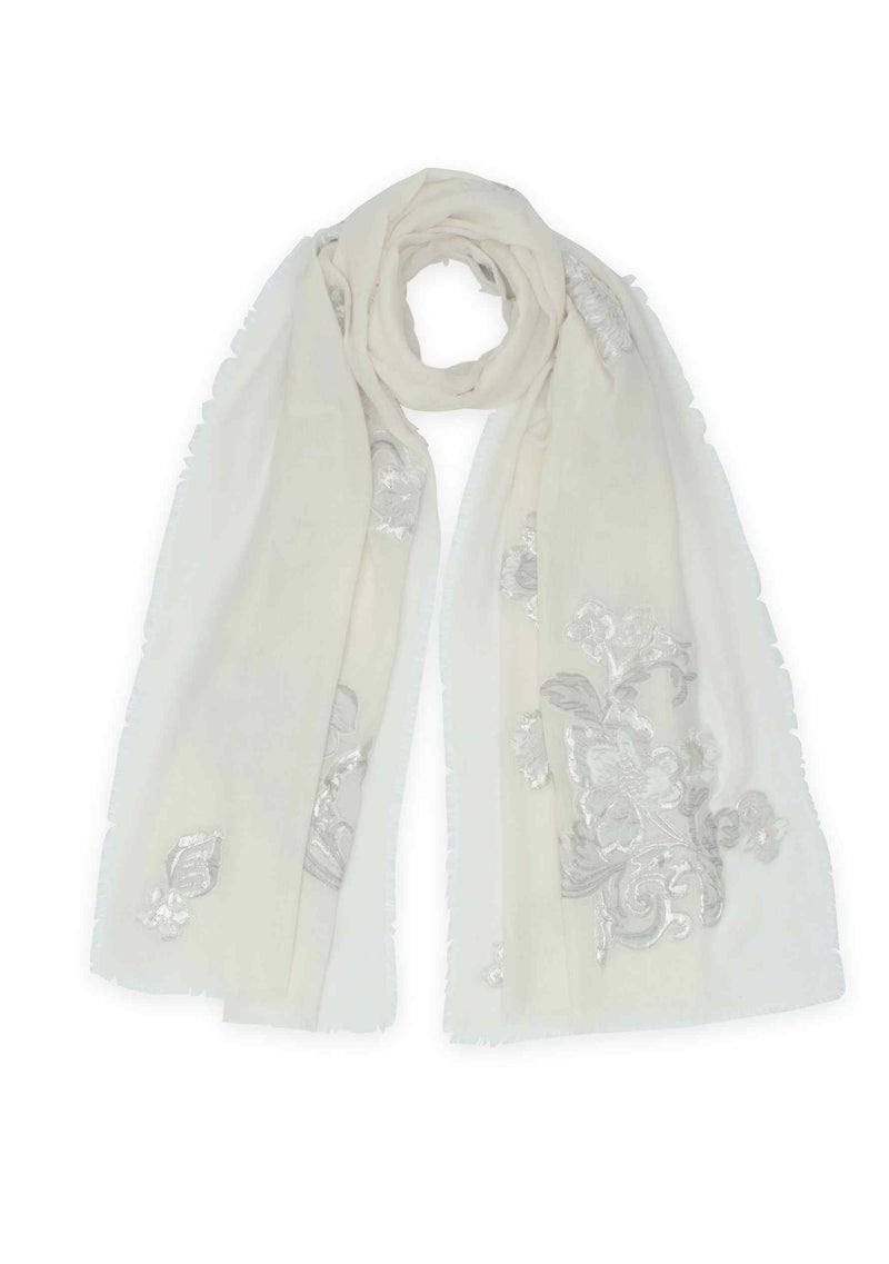 Ivory Cashmere Scarf with Grey and Silver Flower Appliques