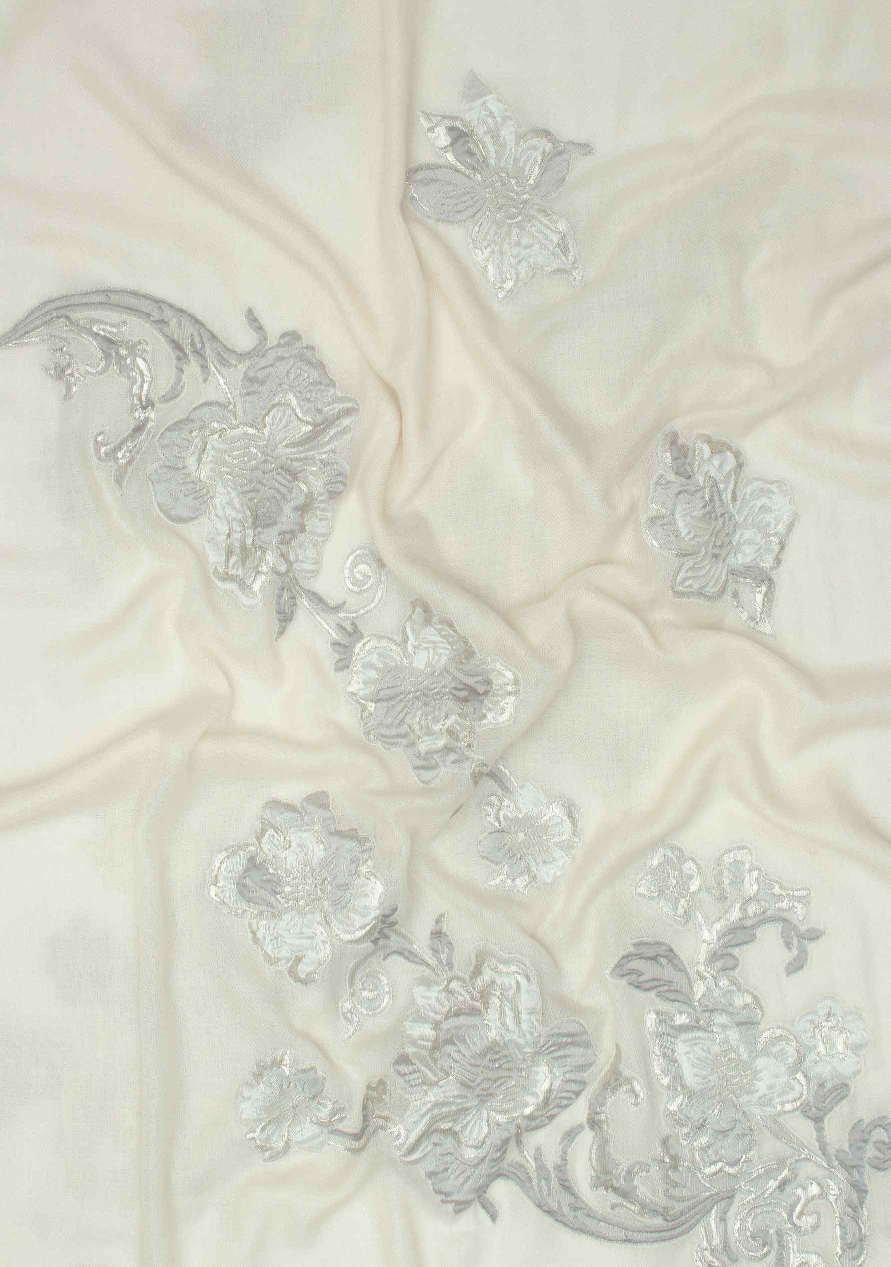 Ivory Cashmere Scarf with Grey and Silver Flower Appliques