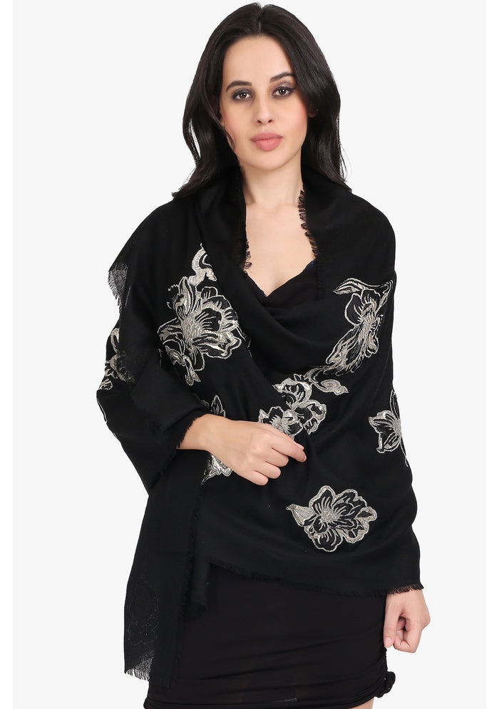Black Cashmere Scarf Black & Silver Appliques