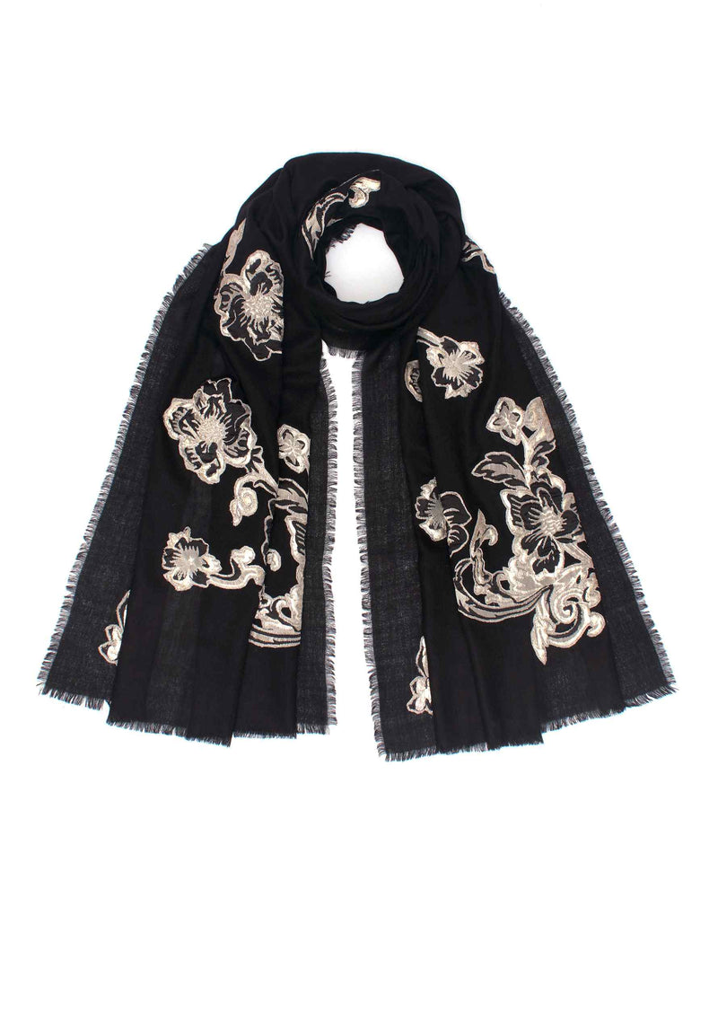 Black Cashmere Scarf with Black and Silver Flower Appliques