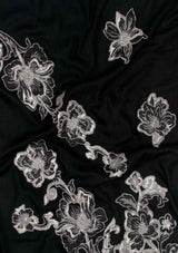 Black Cashmere Scarf with Black and Silver Flower Appliques