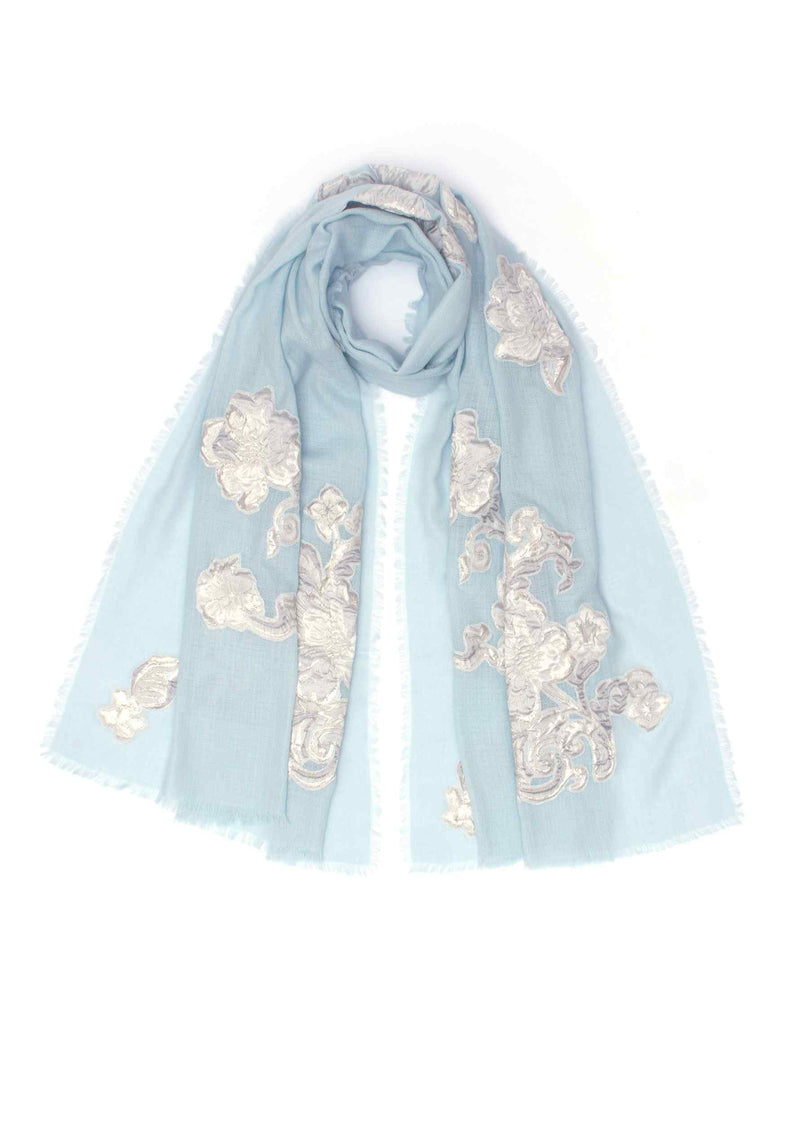Arctic Blue Cashmere Scarf with Grey and Silver Flower Appliques