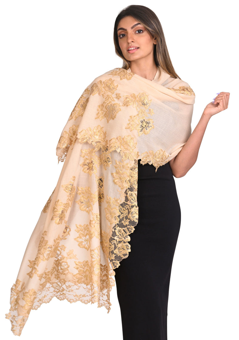 Beige Cashmere Scarf with Gold Chantilly Lace