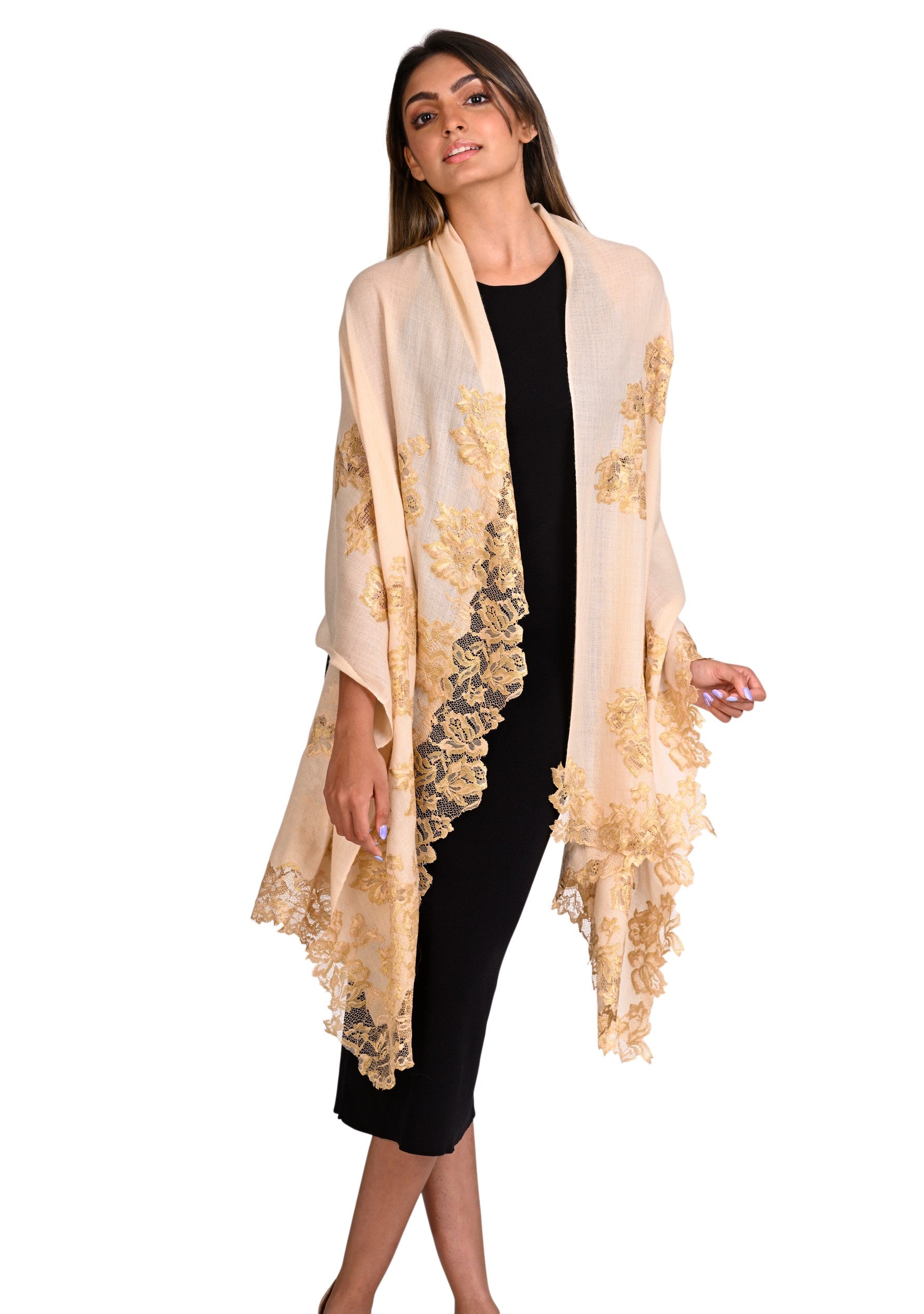 Beige Cashmere Scarf with Gold Chantilly Lace | Maneesha Ruia